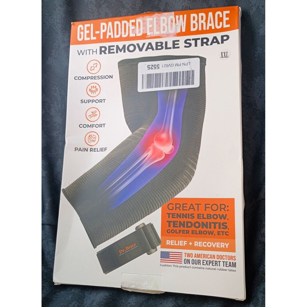 Dr. Brace Gel-Padded Elbow Brace Compression Removable Strap XXL Black Blue